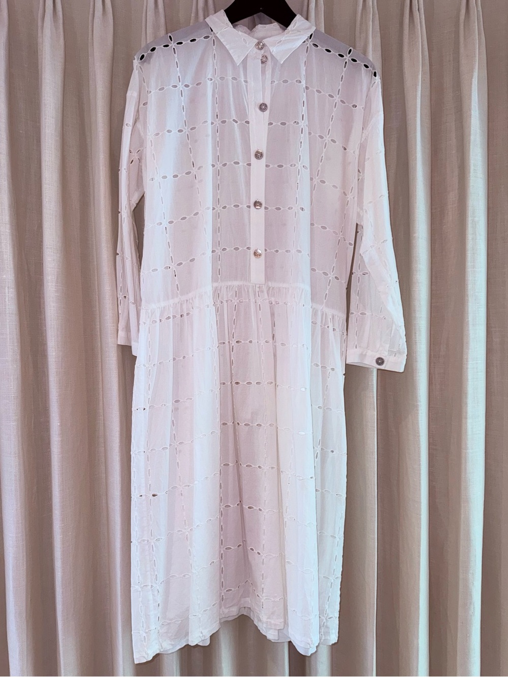 Classic White Eyelet Midi Shirt Dress